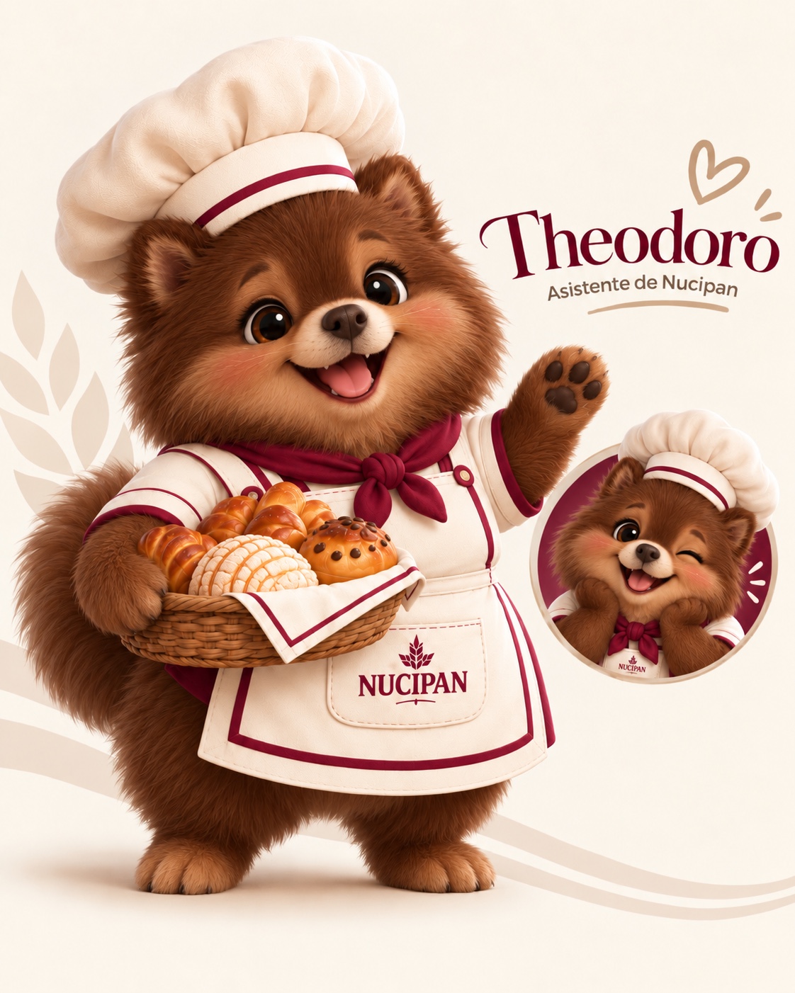 Theodoro, asistente de Nucipan, con su uniforme de panadero y una cesta de panes